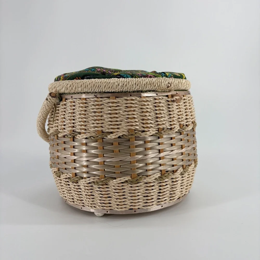 Vintage 1960s Sewing Woven Basket Green Pink  Paisley Fabric Handle Tray Japan